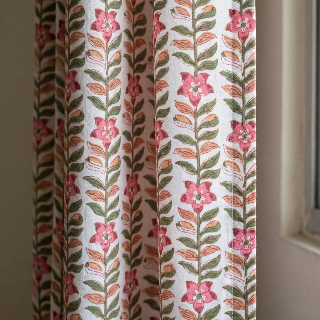 Hand Block Print Organic Cotton Curtain, Pink Floral Vine, Cottagecore Style — image 1
