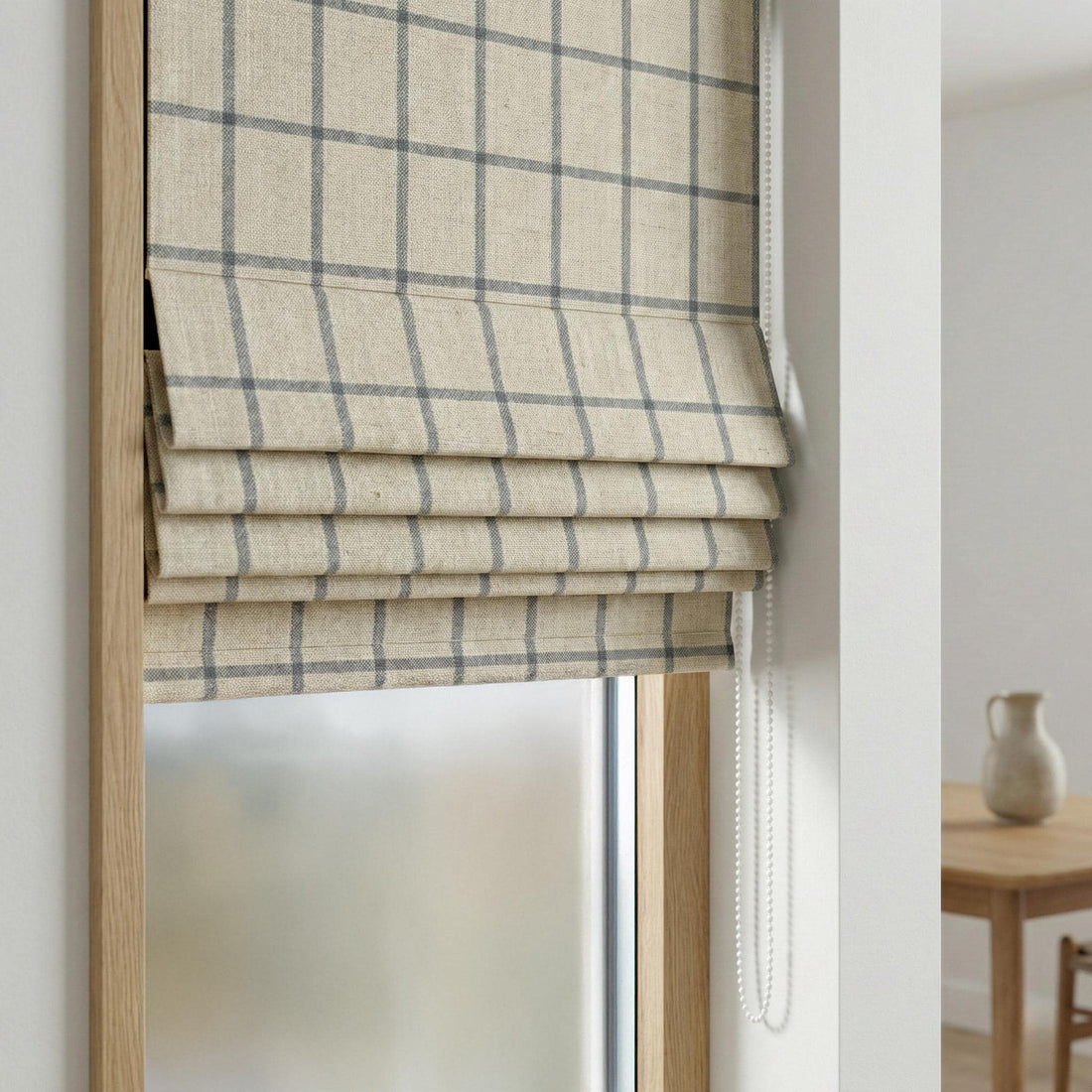 Natural Linen Plaid Roman Shade, Custom Corded Window Blind (Light Filtering or Blackout) — image 1