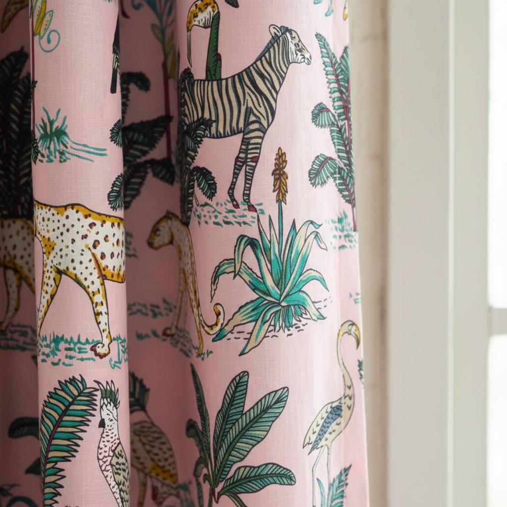 Blush Pink Safari Curtains, Organic Cotton Jungle Animal Print, Custom Lined — image 1