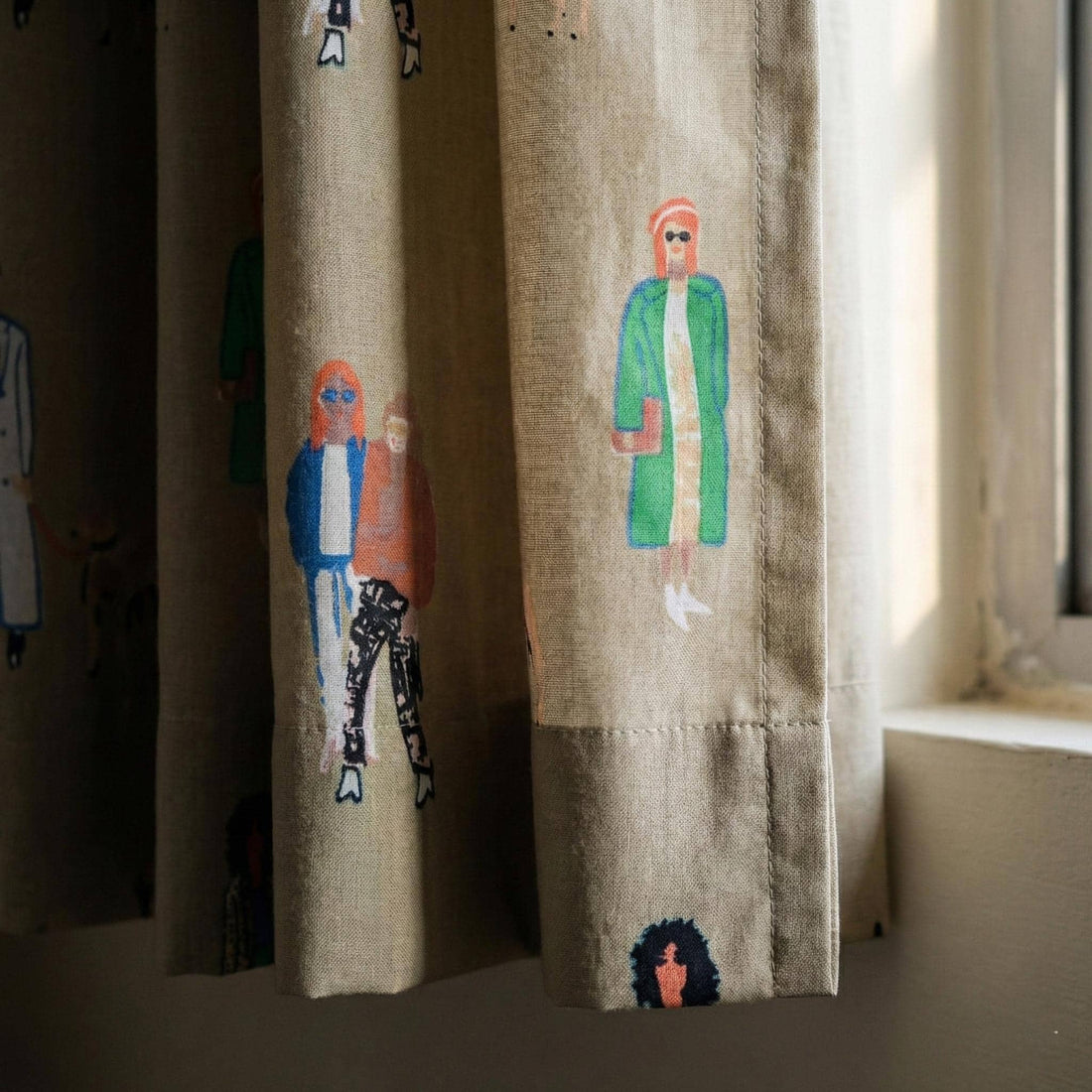 Beige Organic Cotton Curtains, Hand Block Print People & Dogs, Custom Size — image 1
