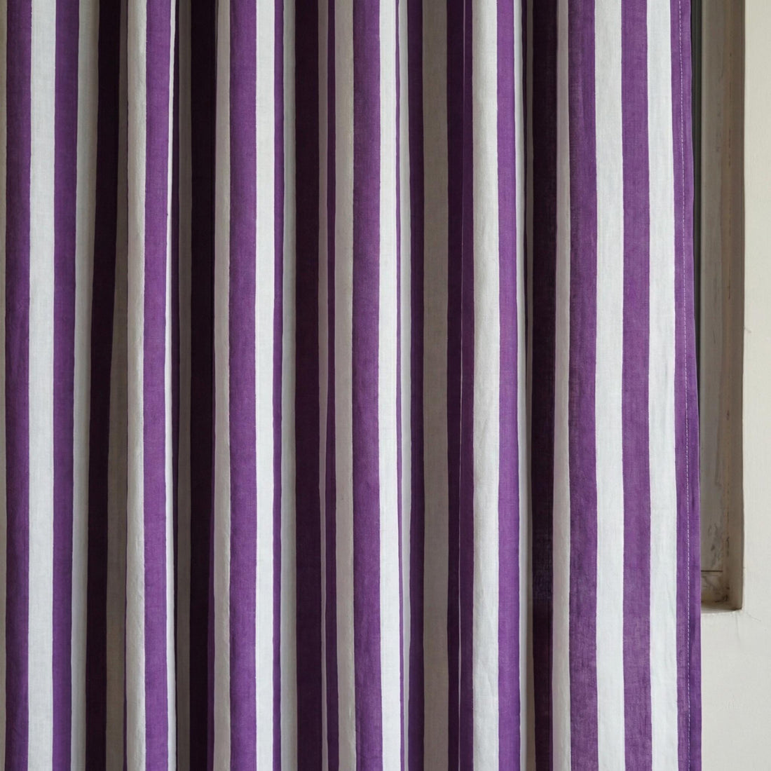 Hand Block Print Curtains, Purple and White Stripe, Organic Cotton Panel — image 1