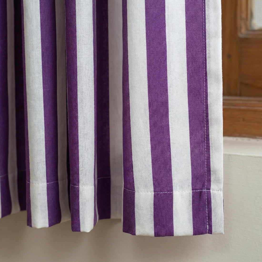 Hand Block Print Curtains, Purple and White Stripe, Organic Cotton Panel — image 1