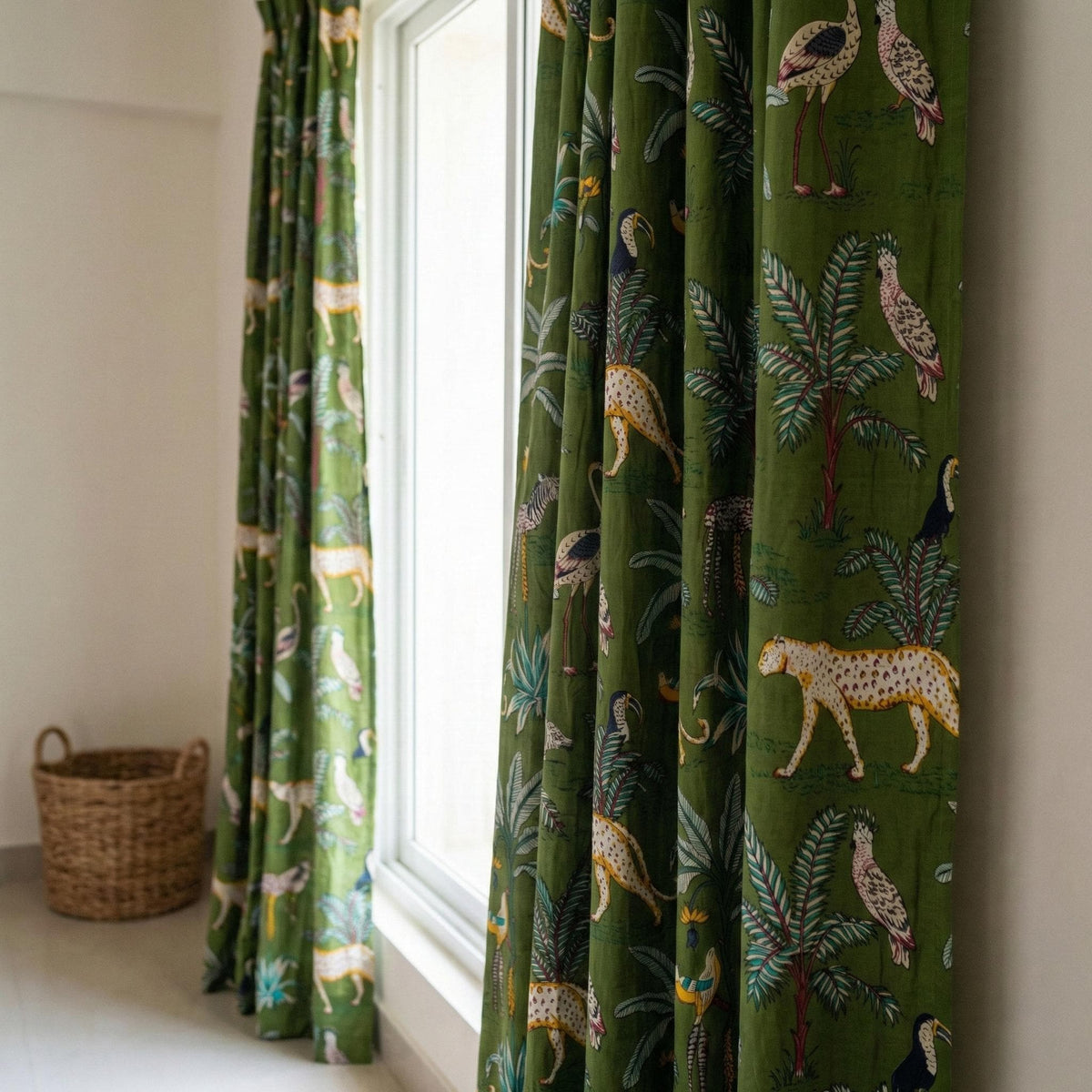 Olive Green Safari Curtains, Organic Cotton Block Print Drapes, Boho Decor — image 5