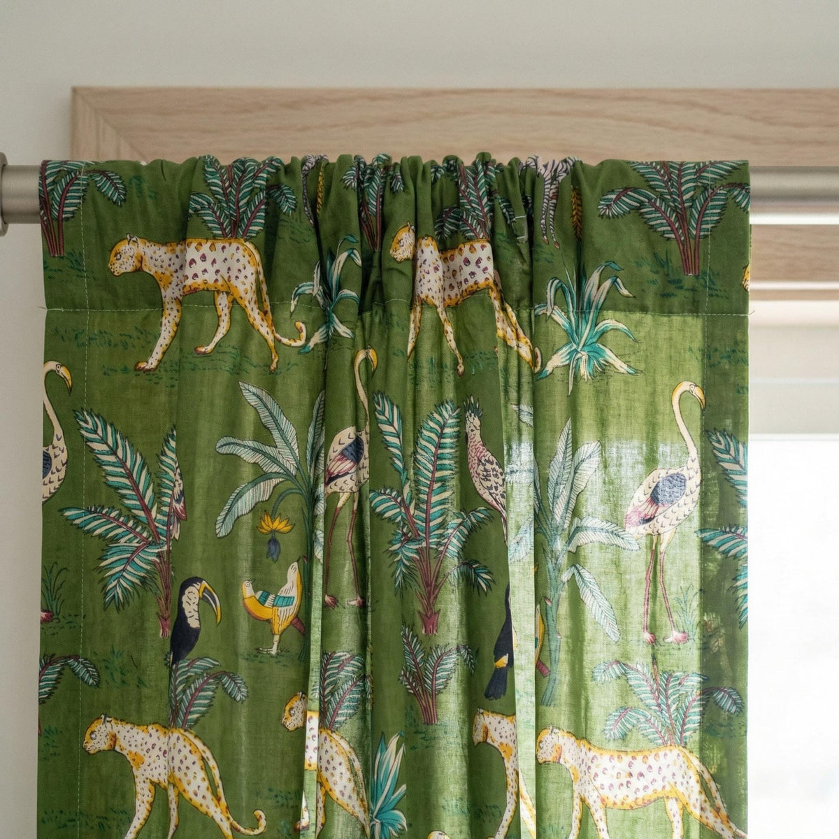Olive Green Safari Curtains, Organic Cotton Block Print Drapes, Boho Decor — image 10