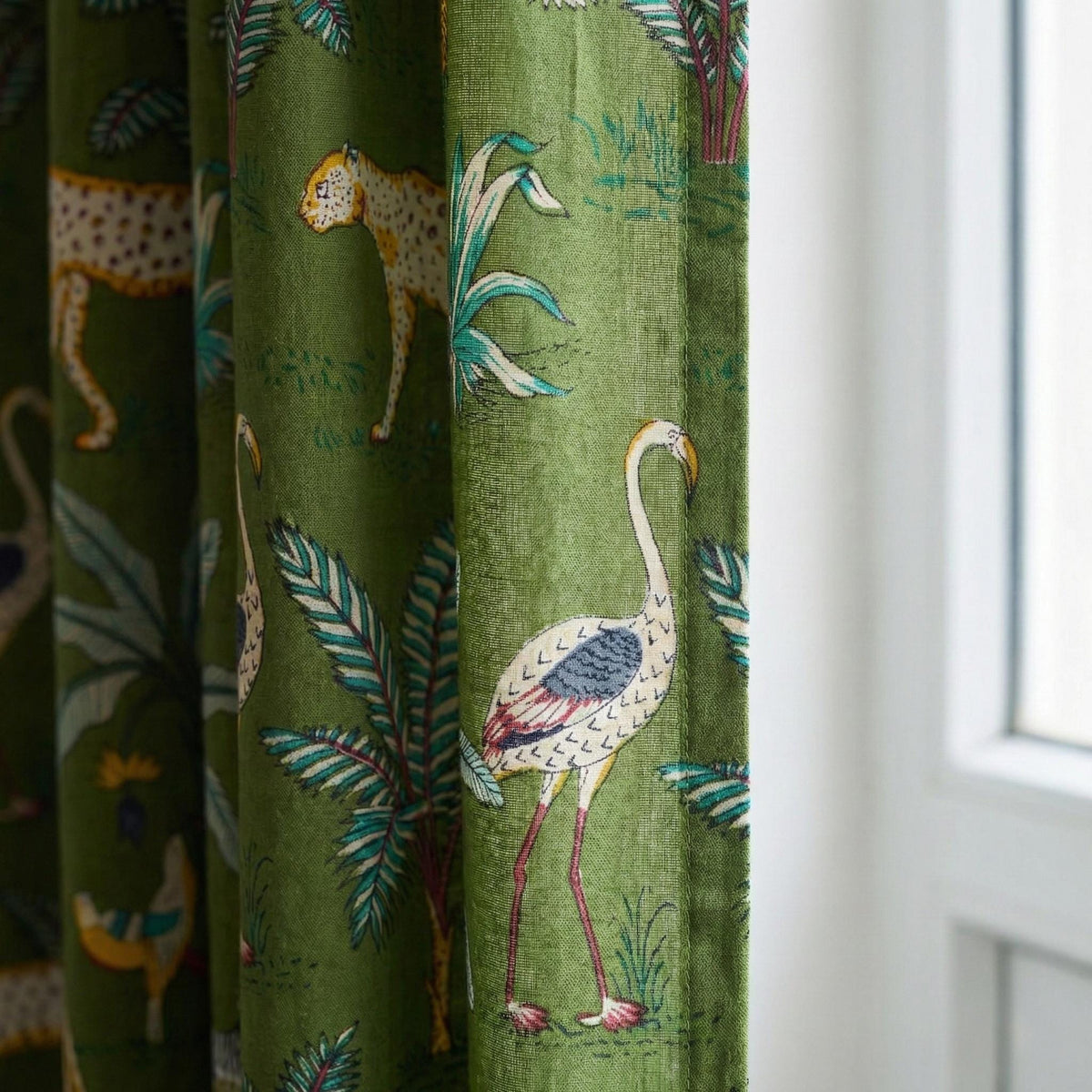 Olive Green Safari Curtains, Organic Cotton Block Print Drapes, Boho Decor — image 1