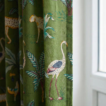Olive Green Safari Curtains, Organic Cotton Block Print Drapes, Boho Decor — image 1