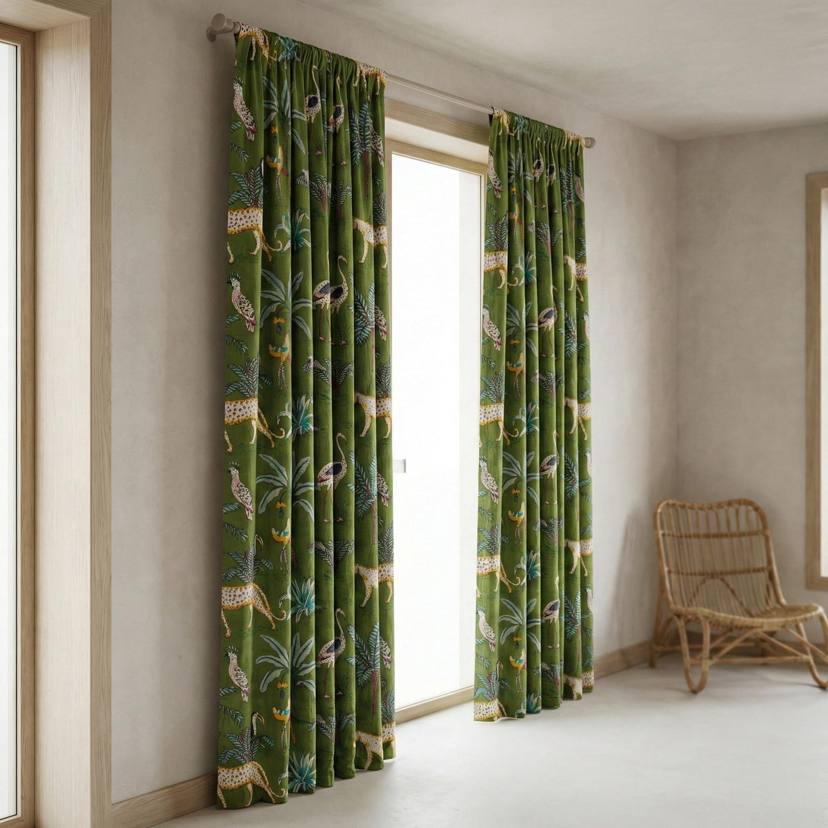 Olive Green Safari Curtains, Organic Cotton Block Print Drapes, Boho Decor — image 9