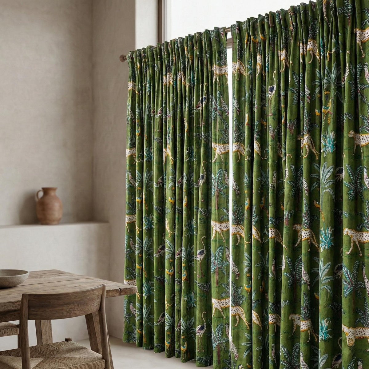 Olive Green Safari Curtains, Organic Cotton Block Print Drapes, Boho Decor — image 6