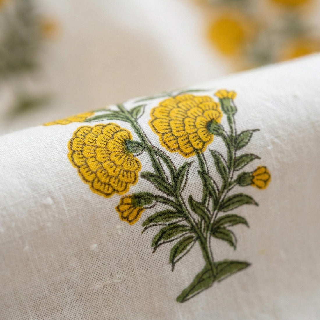 Organic Cotton Curtains, Yellow Marigold Floral Block Print, Custom Drapes — image 1