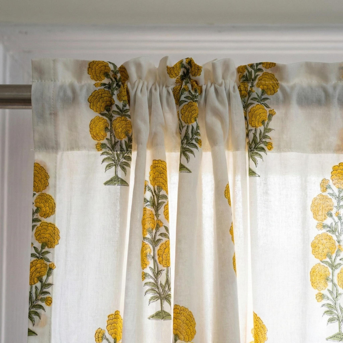 Organic Cotton Curtains, Yellow Marigold Floral Block Print, Custom Drapes — image 10