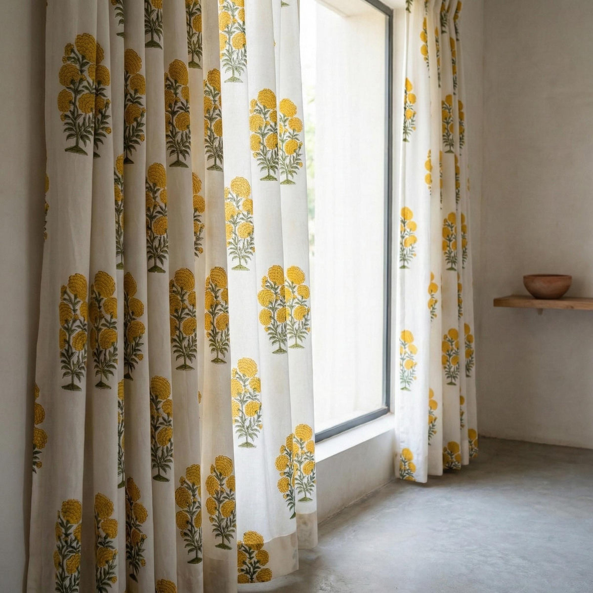 Organic Cotton Curtains, Yellow Marigold Floral Block Print, Custom Drapes — image 6