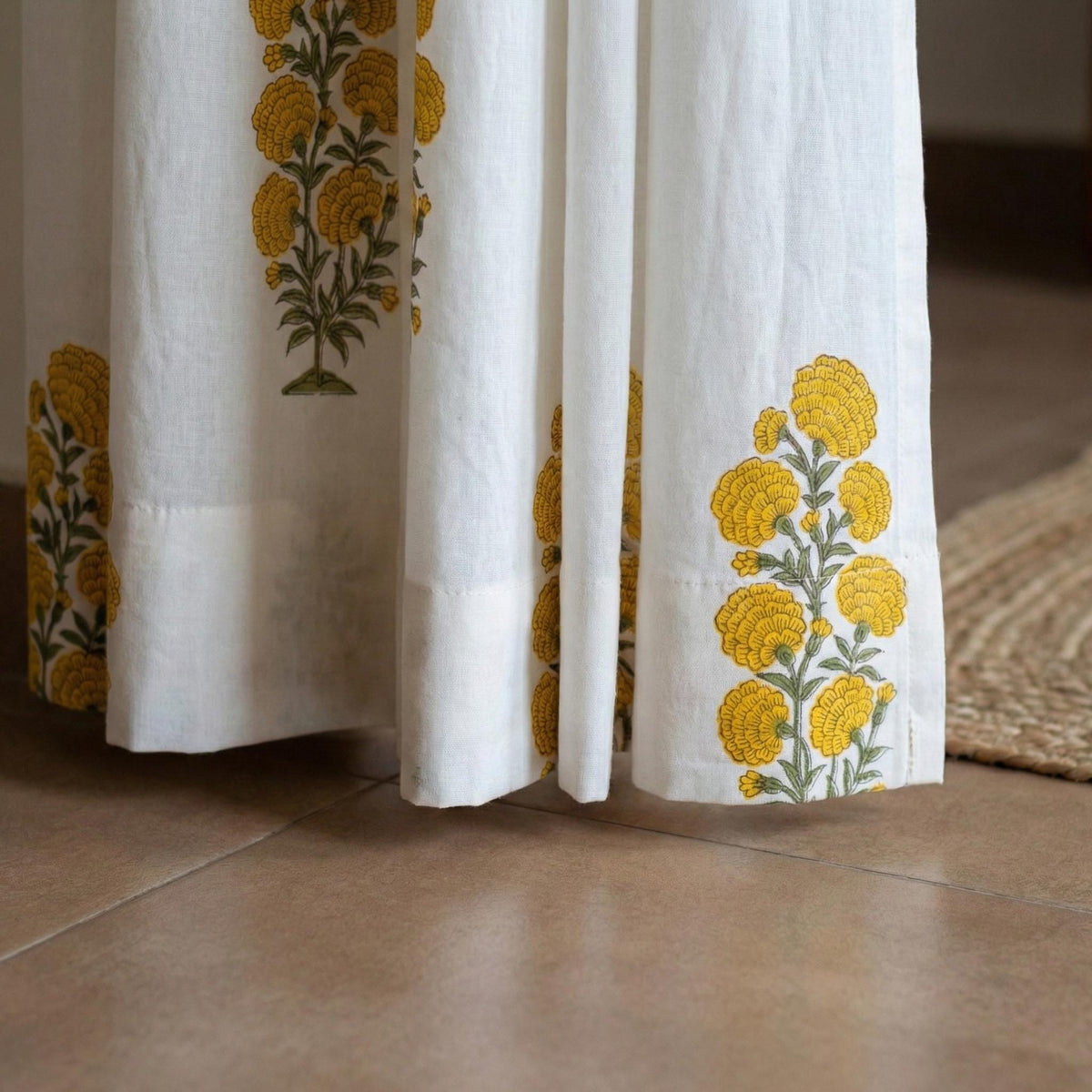 Organic Cotton Curtains, Yellow Marigold Floral Block Print, Custom Drapes — image 4