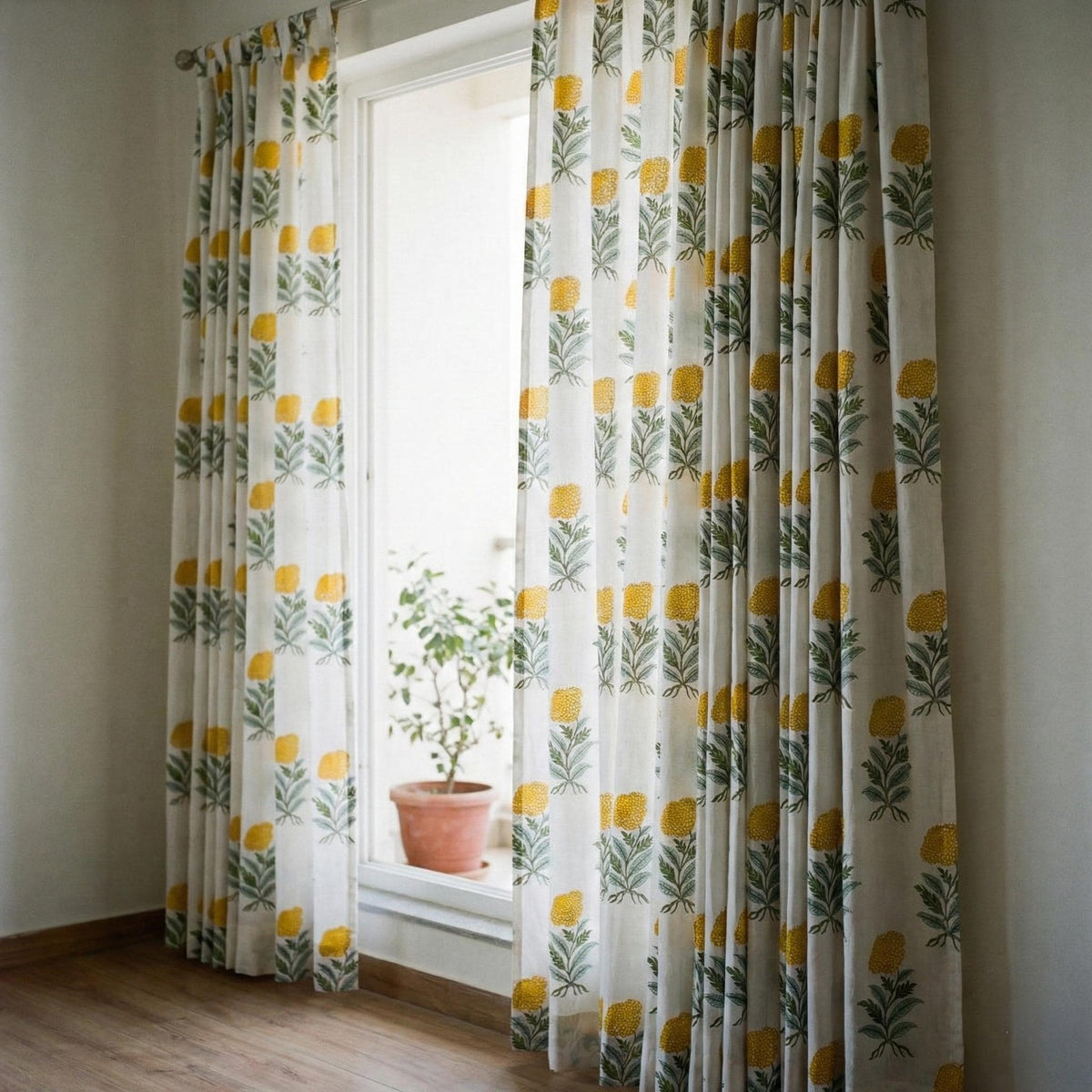 Organic Cotton Block Print Curtains, Mustard Floral, Custom Sizes, Rod Pocket/Back Tab/Grommet/Hook Top — image 7