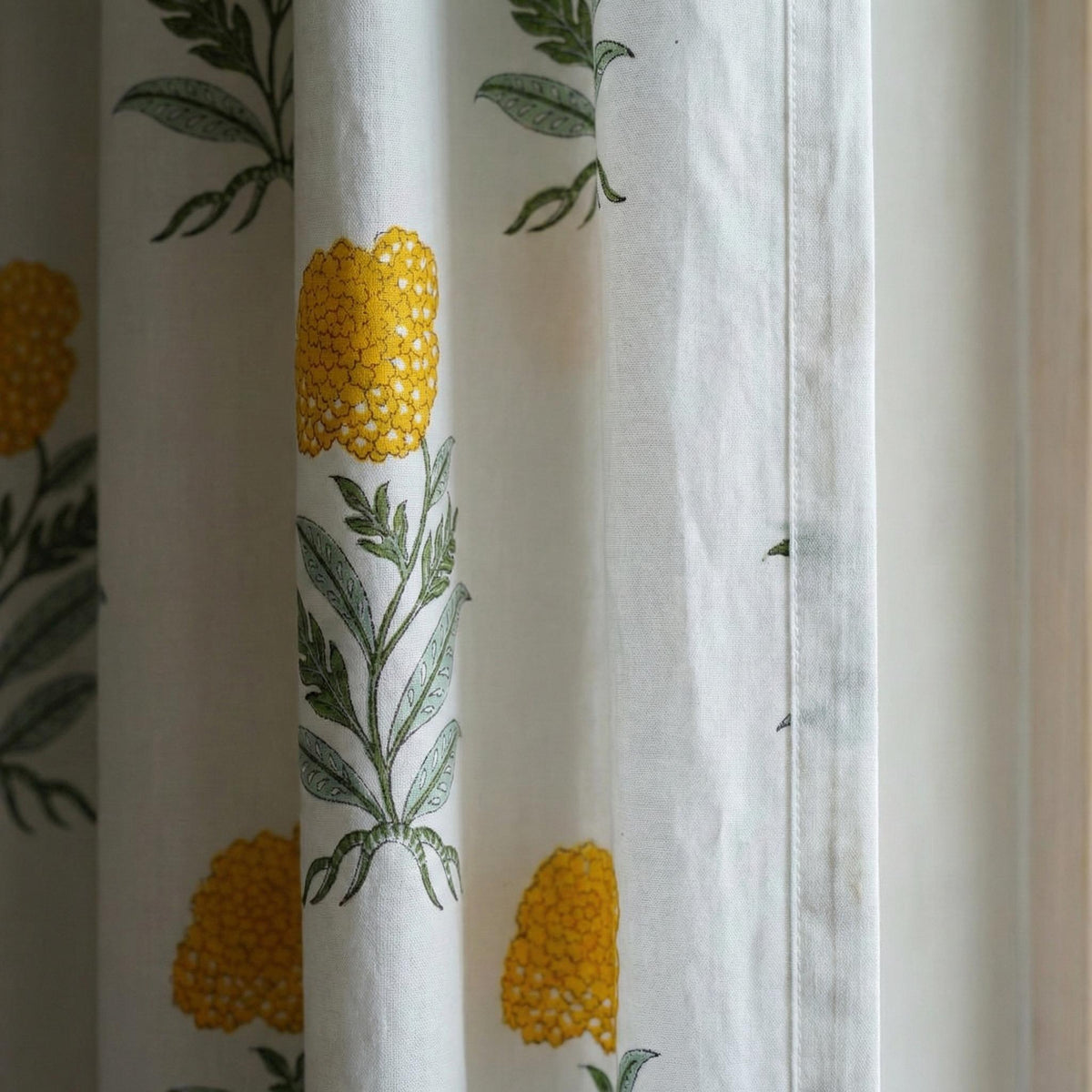 Organic Cotton Block Print Curtains, Mustard Floral, Custom Sizes, Rod Pocket/Back Tab/Grommet/Hook Top — image 4