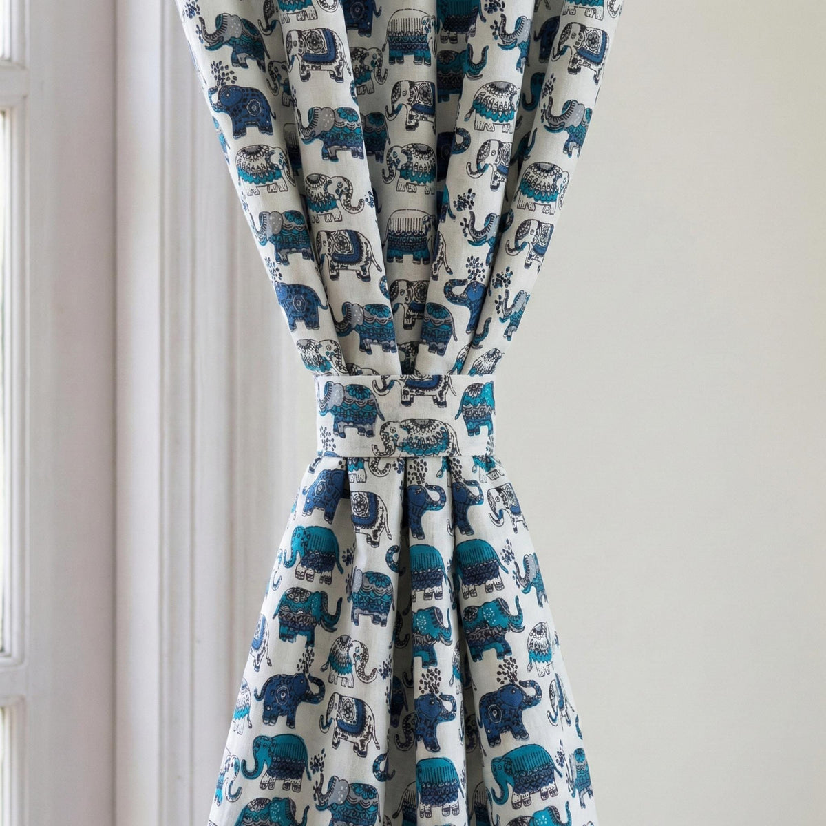 Blue Elephant Block Print Curtains, Organic Cotton Nursery Decor — image 2