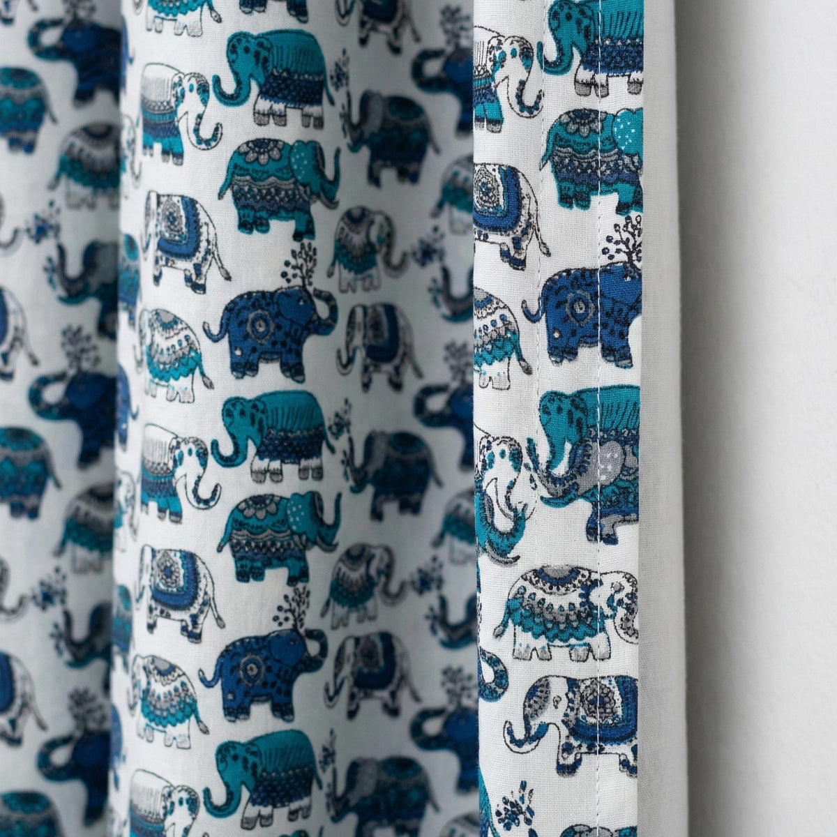 Blue Elephant Block Print Curtains, Organic Cotton Nursery Decor — image 1
