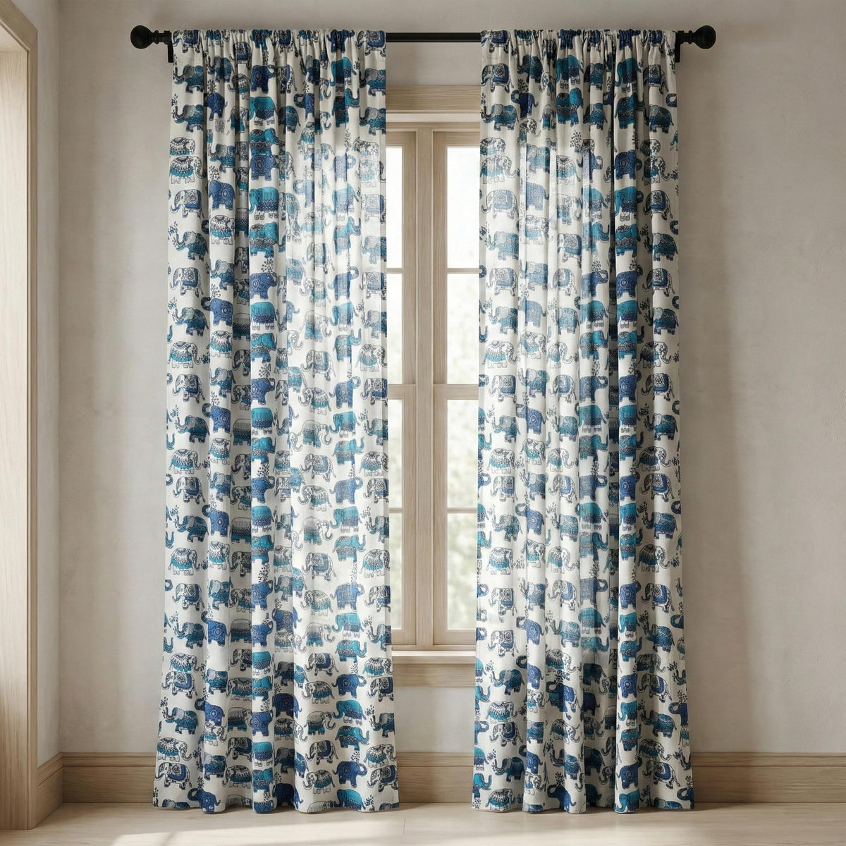 Blue Elephant Block Print Curtains, Organic Cotton Nursery Decor — image 7