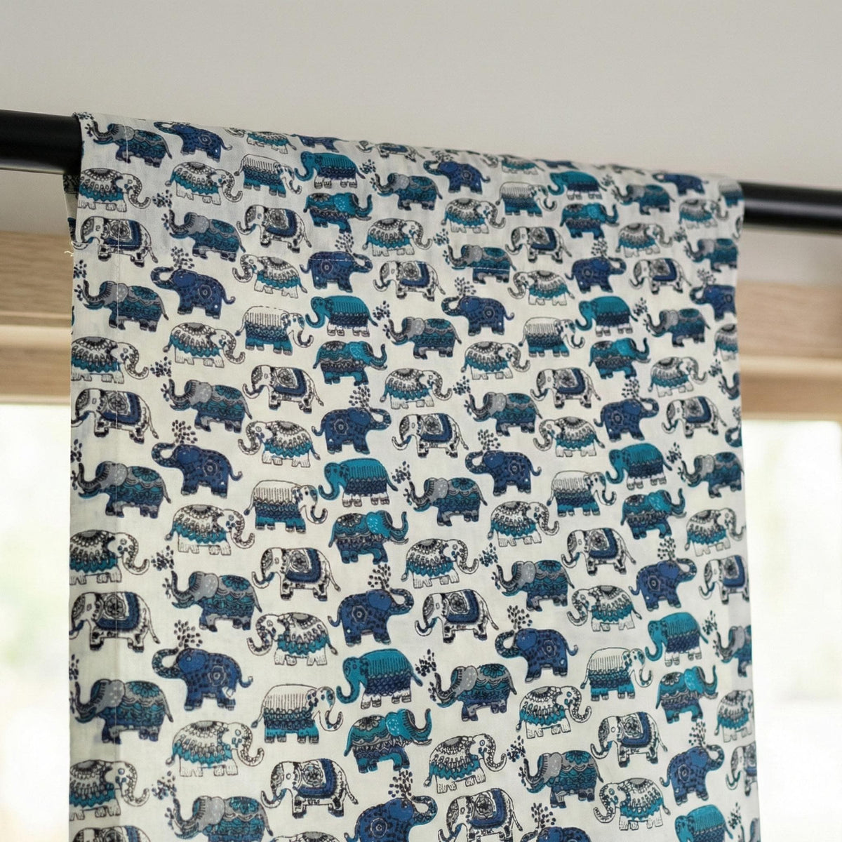 Blue Elephant Block Print Curtains, Organic Cotton Nursery Decor — image 8