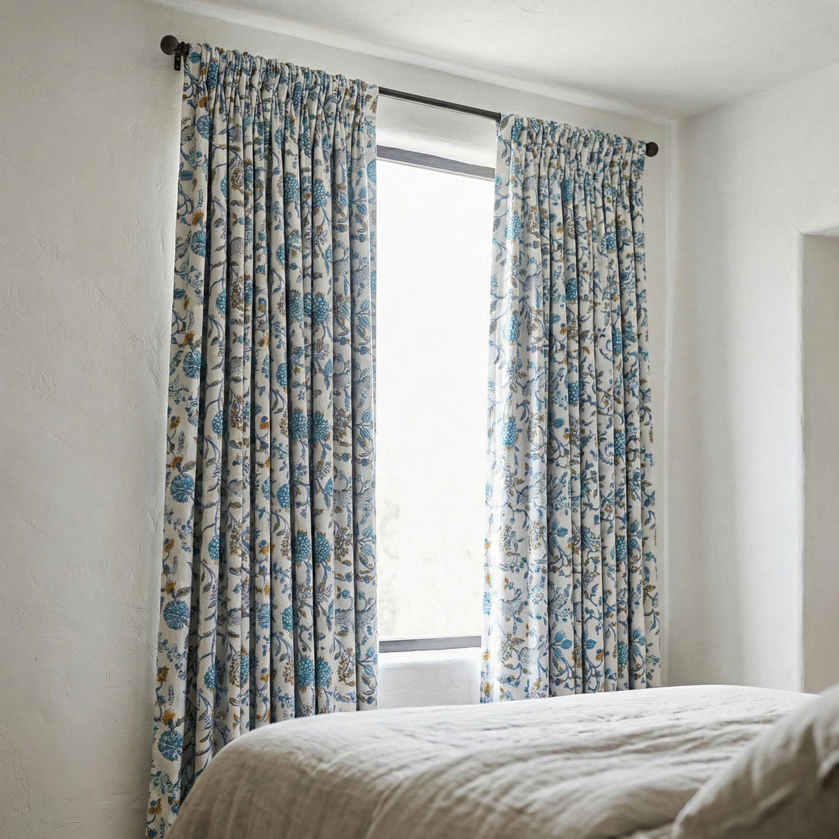 Hand Block Print Curtains, Blue Teal Floral Organic Cotton, Custom Size — image 9