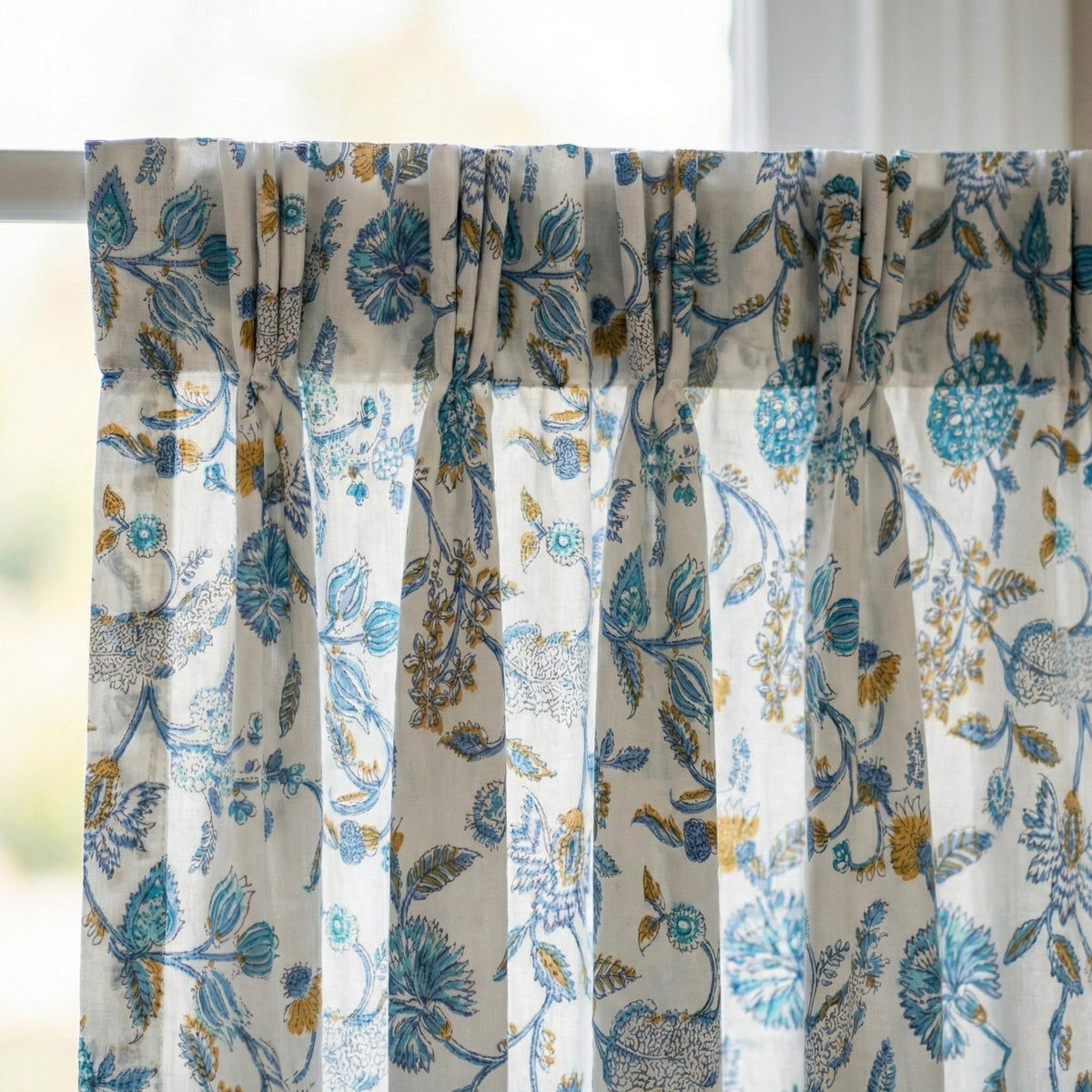 Hand Block Print Curtains, Blue Teal Floral Organic Cotton, Custom Size — image 8