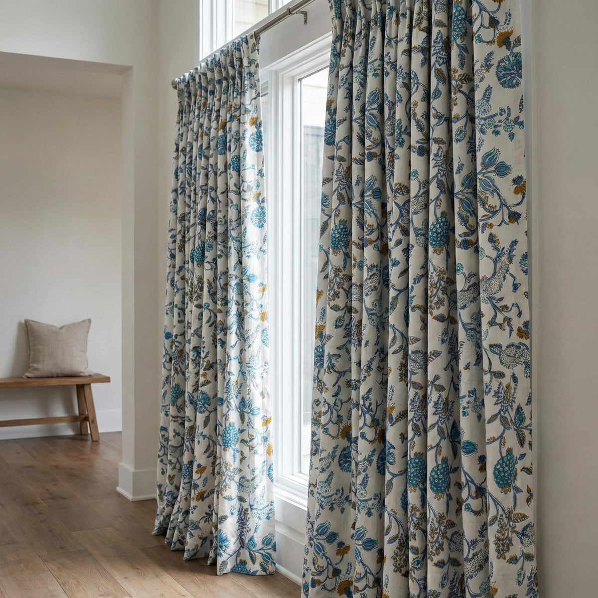 Hand Block Print Curtains, Blue Teal Floral Organic Cotton, Custom Size — image 10
