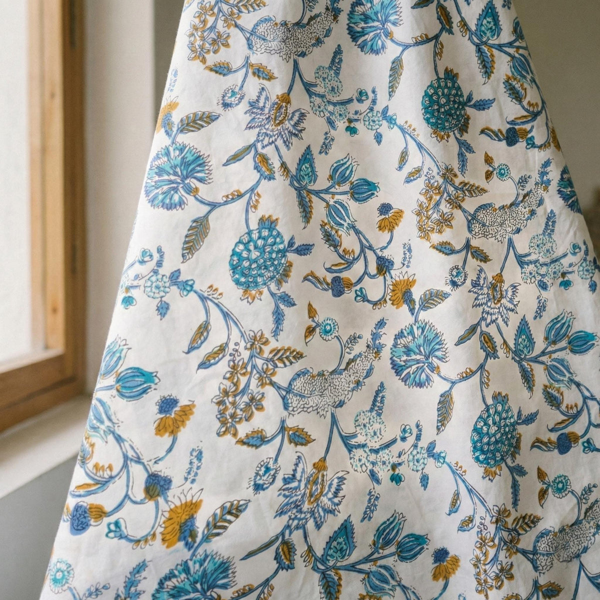Hand Block Print Curtains, Blue Teal Floral Organic Cotton, Custom Size — image 1