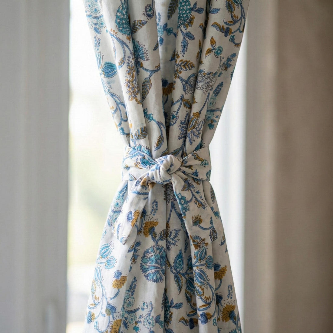 Hand Block Print Curtains, Blue Teal Floral Organic Cotton, Custom Size — image 1