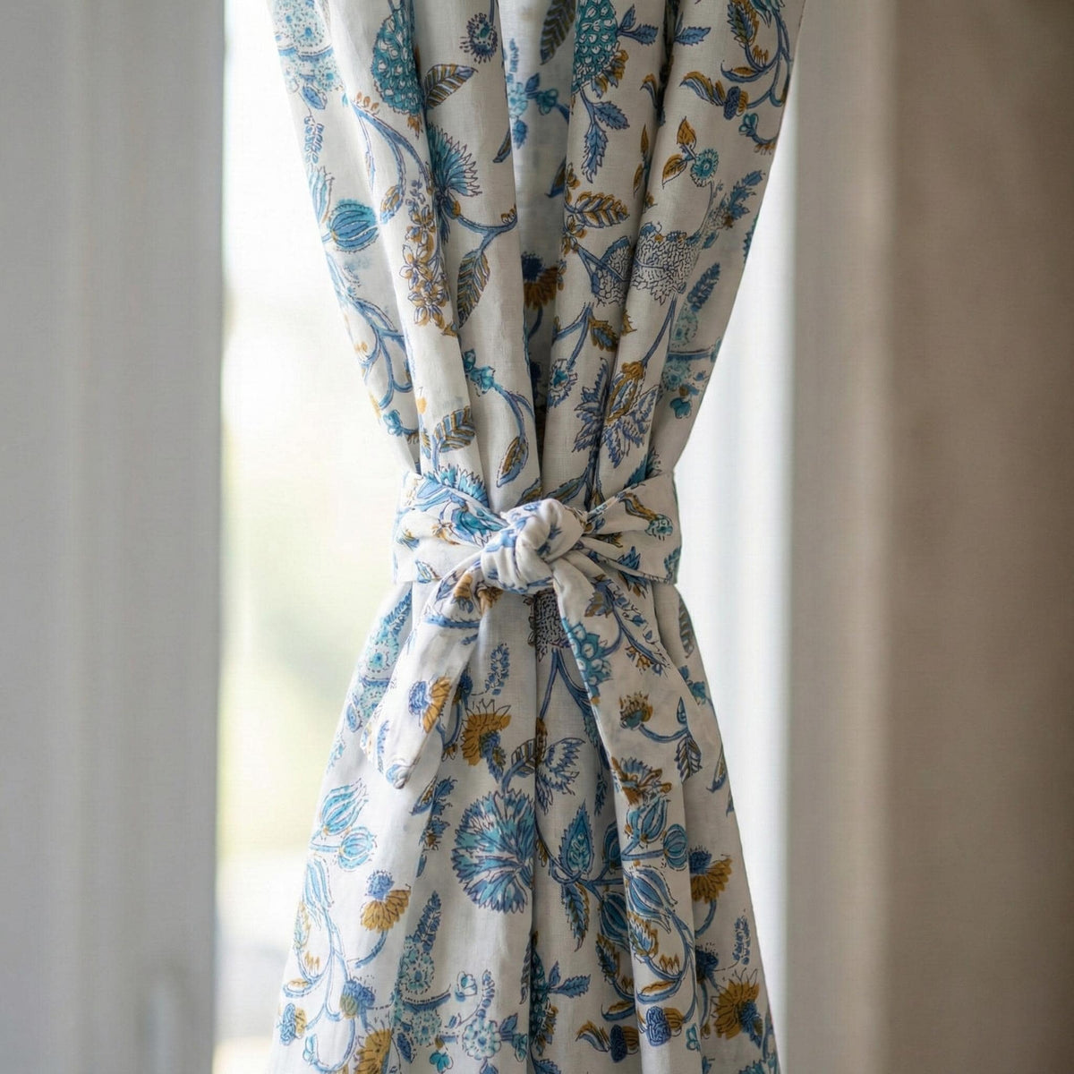 Hand Block Print Curtains, Blue Teal Floral Organic Cotton, Custom Size — image 2