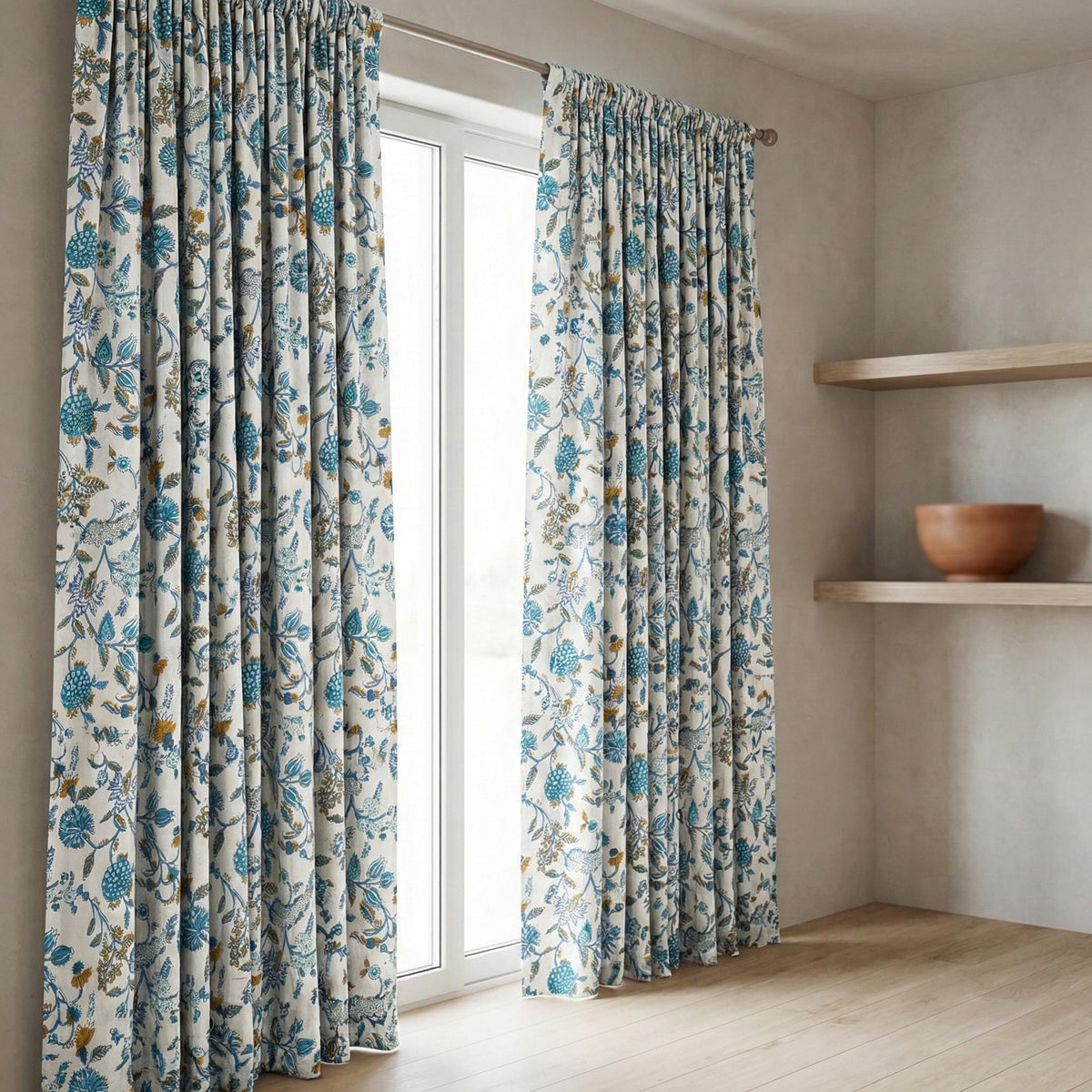 Hand Block Print Curtains, Blue Teal Floral Organic Cotton, Custom Size — image 7