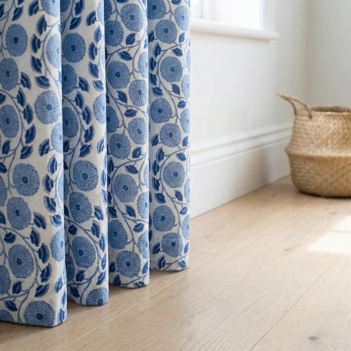 Blue Floral Block Print Curtains, Organic Cotton Drapes, Lined Options — image 8