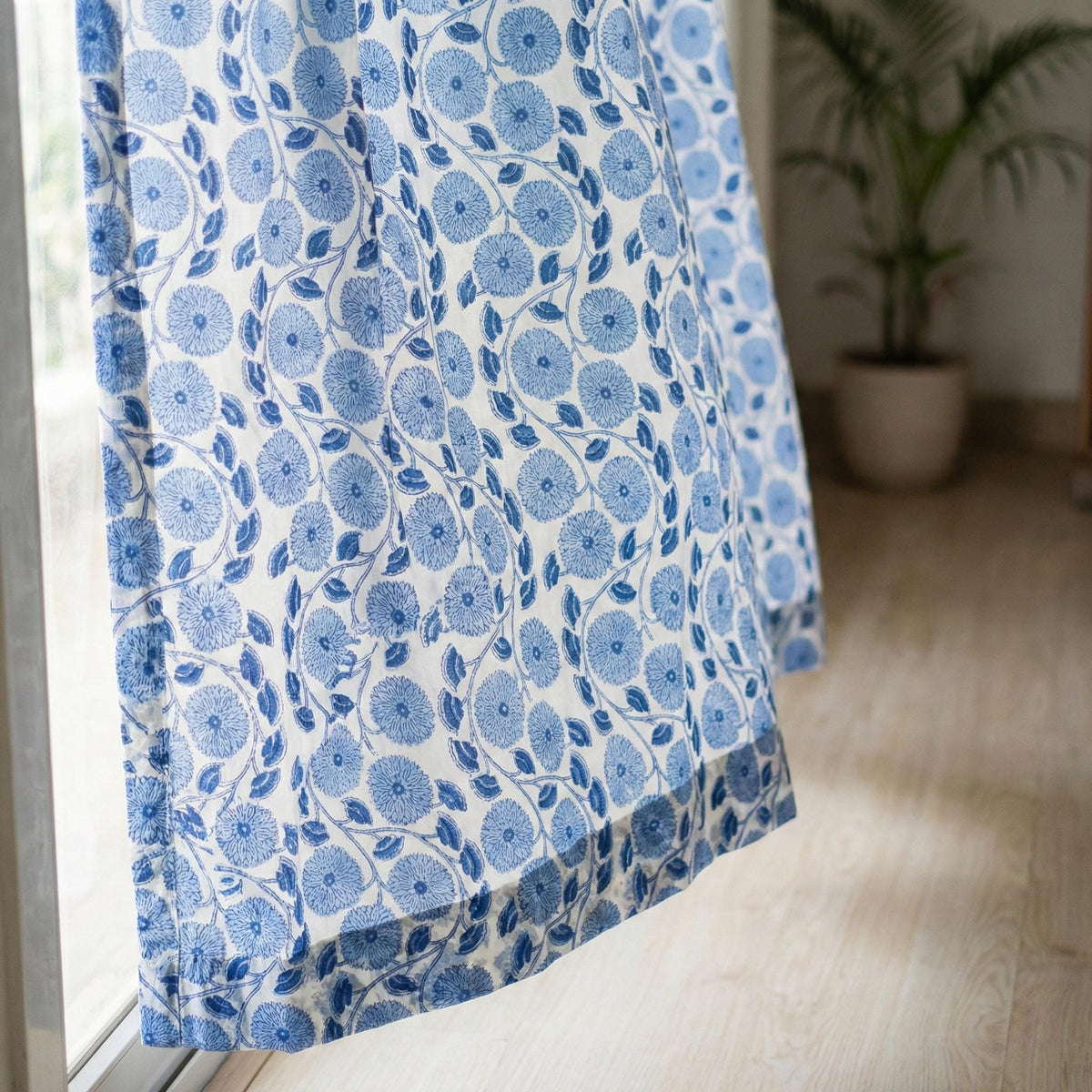 Blue Floral Block Print Curtains, Organic Cotton Drapes, Lined Options — image 5
