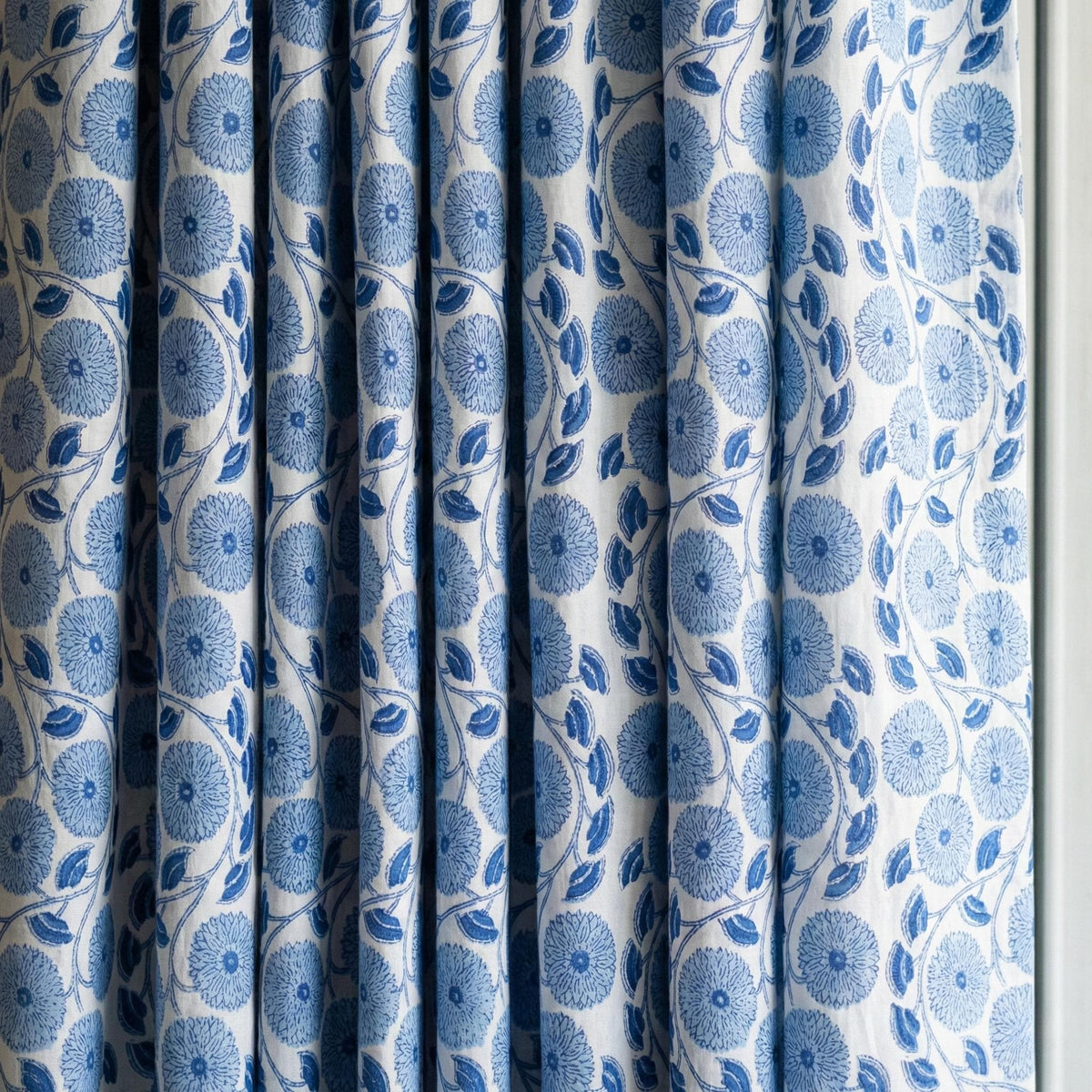 Blue Floral Block Print Curtains, Organic Cotton Drapes, Lined Options — image 3