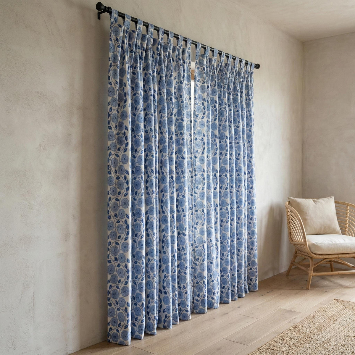 Blue Floral Block Print Curtains, Organic Cotton Drapes, Lined Options — image 9