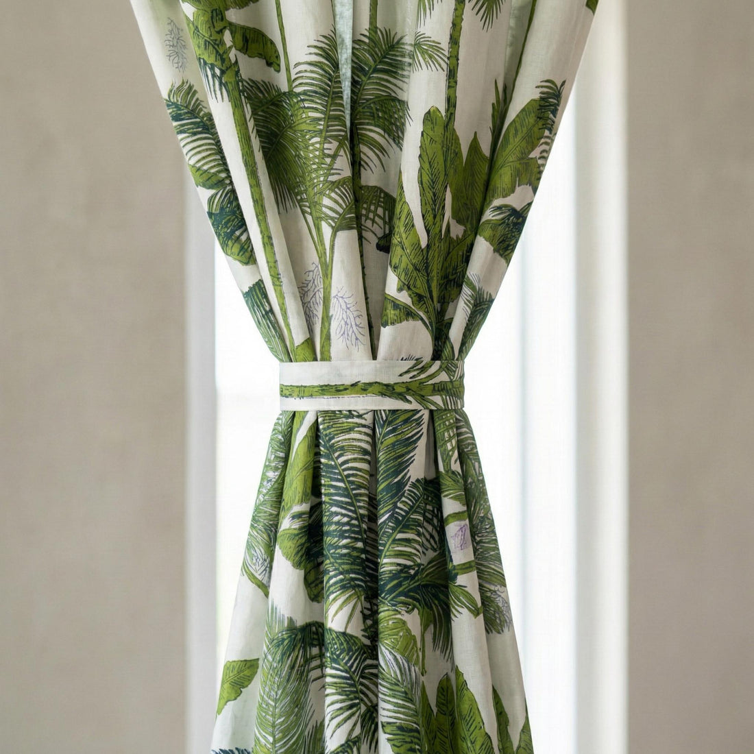 Green Palm Tree Curtains, Organic Cotton Botanical Print, Custom Size — image 1