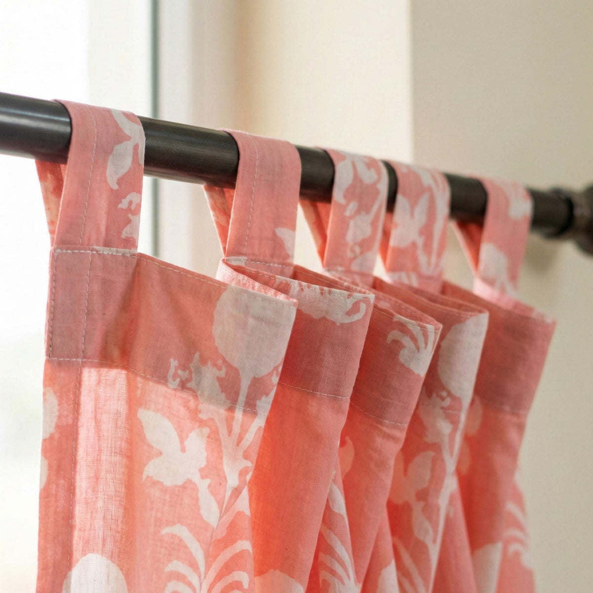 Coral Pink Block Print Curtains, Organic Cotton Floral Drapes, Custom Size — image 9