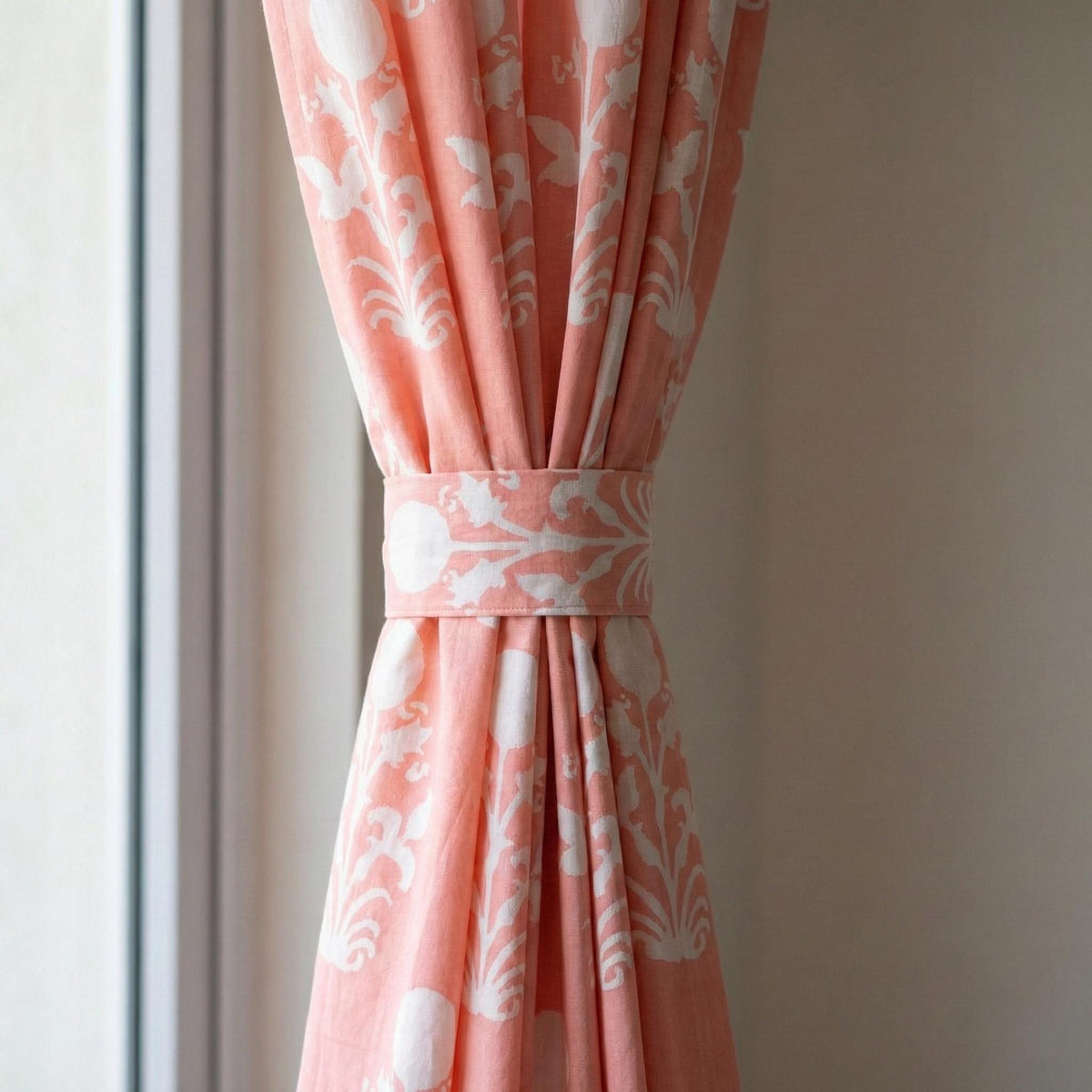 Coral Pink Block Print Curtains, Organic Cotton Floral Drapes, Custom Size — image 2