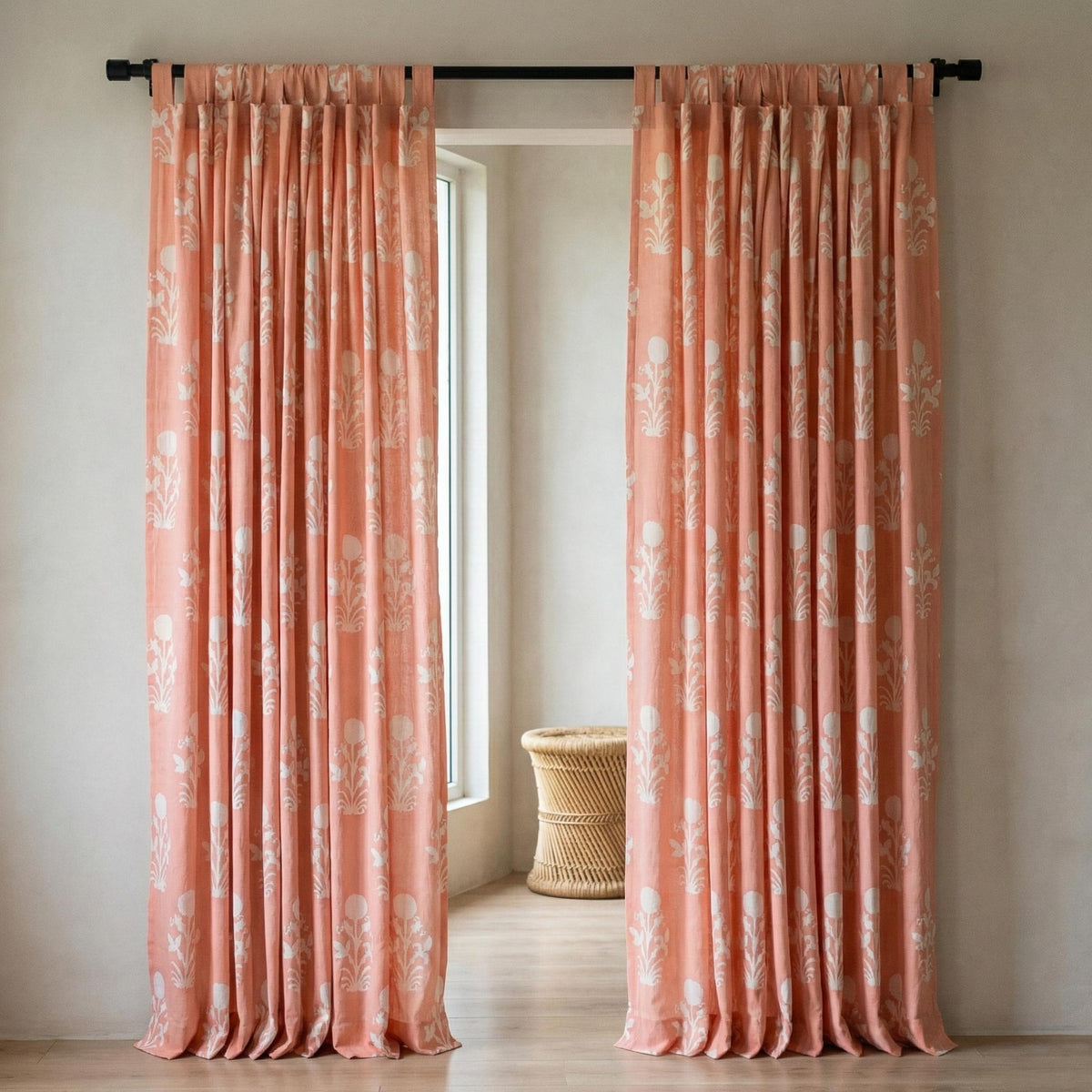 Coral Pink Block Print Curtains, Organic Cotton Floral Drapes, Custom Size — image 10