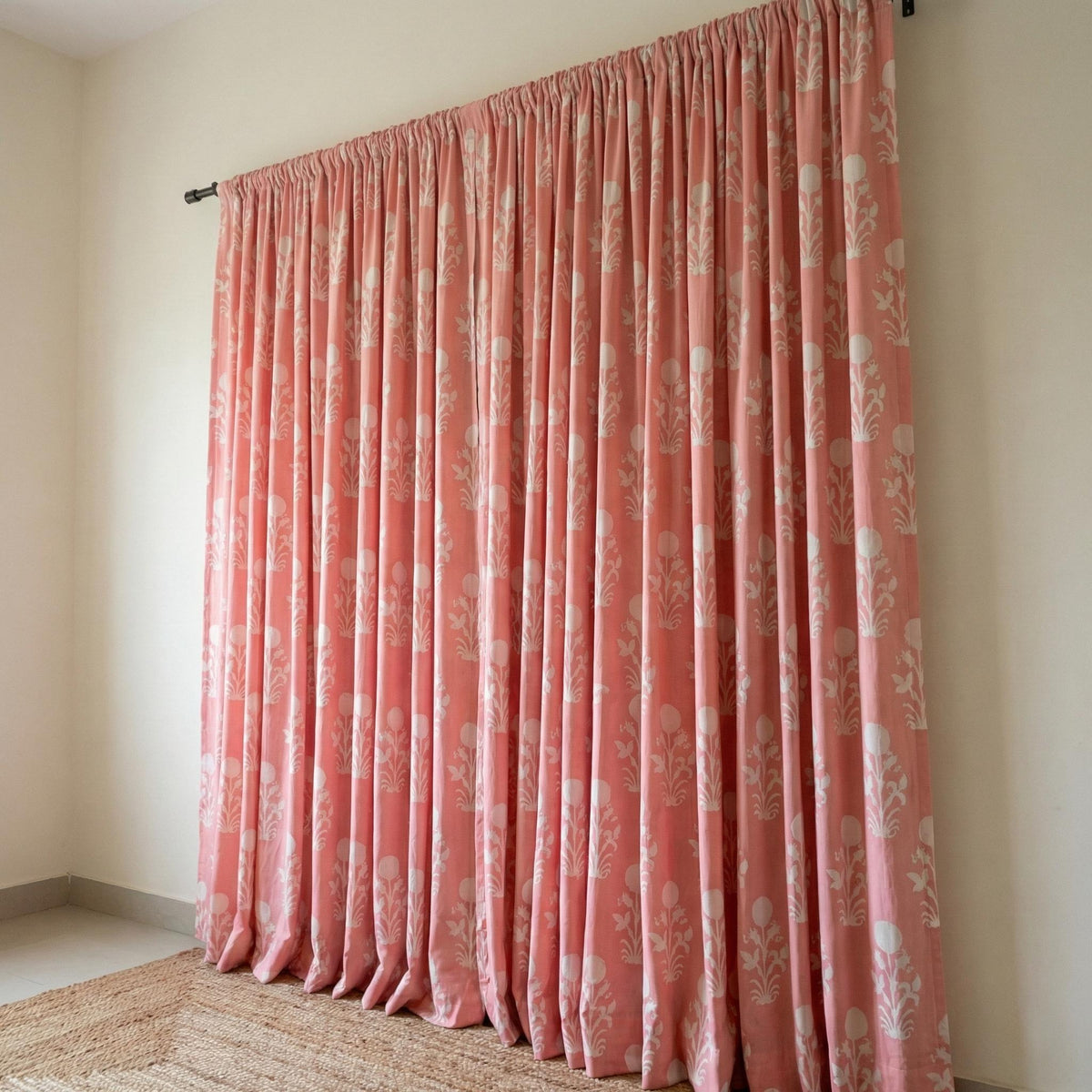 Coral Pink Block Print Curtains, Organic Cotton Floral Drapes, Custom Size — image 5
