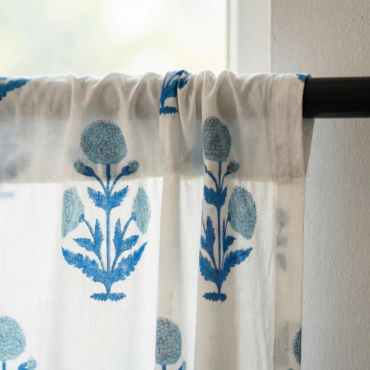 Blue Floral Block Print Organic Cotton Curtain, Custom Drapes — image 10