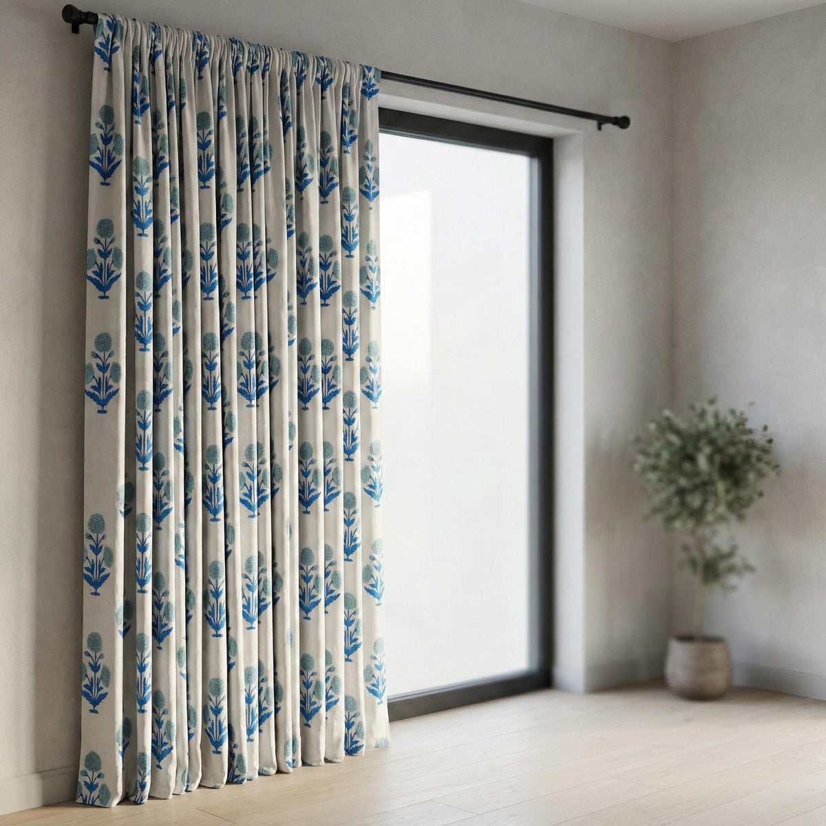 Blue Floral Block Print Organic Cotton Curtain, Custom Drapes — image 7