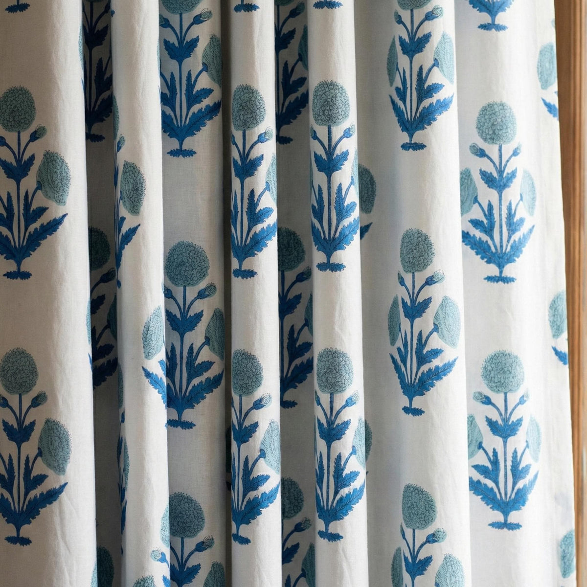 Blue Floral Block Print Organic Cotton Curtain, Custom Drapes — image 1