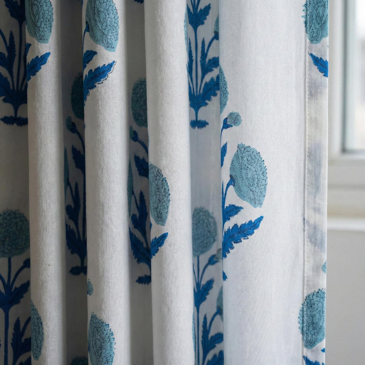 Blue Floral Block Print Organic Cotton Curtain, Custom Drapes — image 5