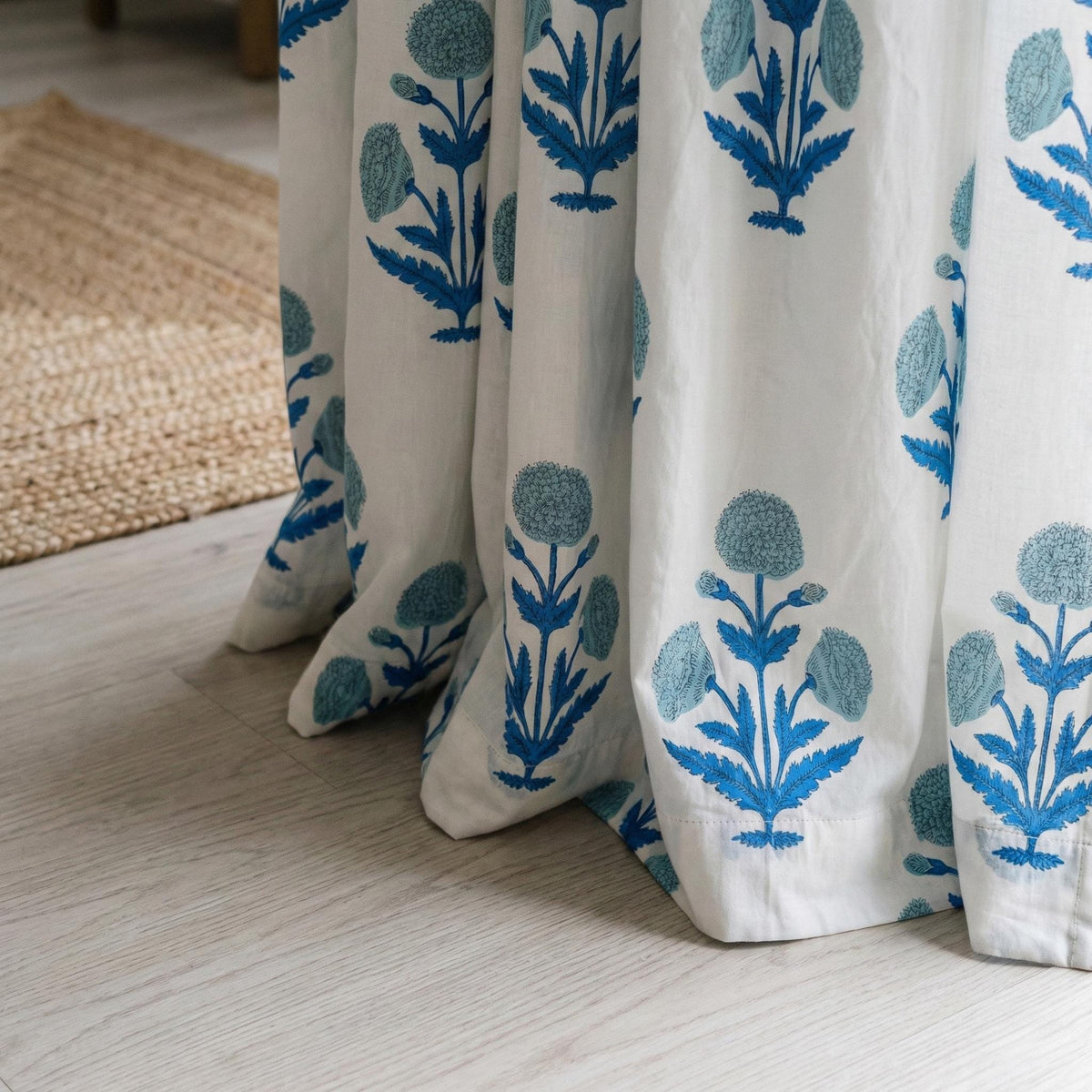 Blue Floral Block Print Organic Cotton Curtain, Custom Drapes — image 2
