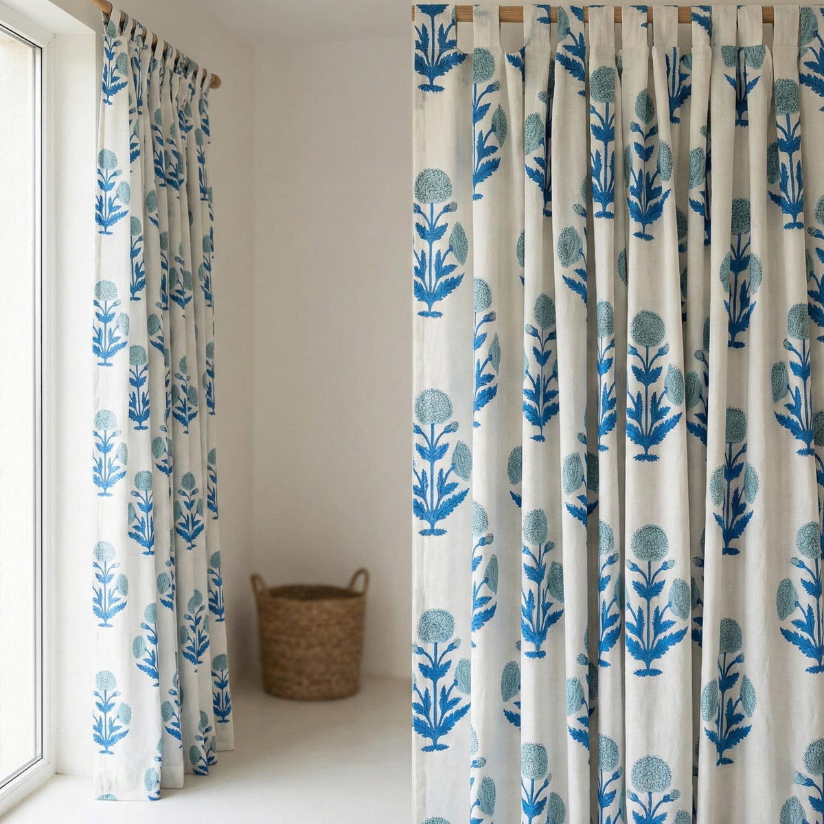 Blue Floral Block Print Organic Cotton Curtain, Custom Drapes — image 4