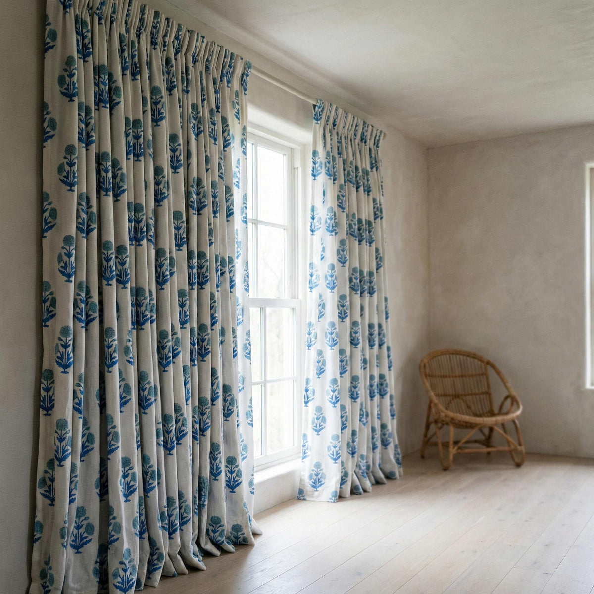 Blue Floral Block Print Organic Cotton Curtain, Custom Drapes — image 9
