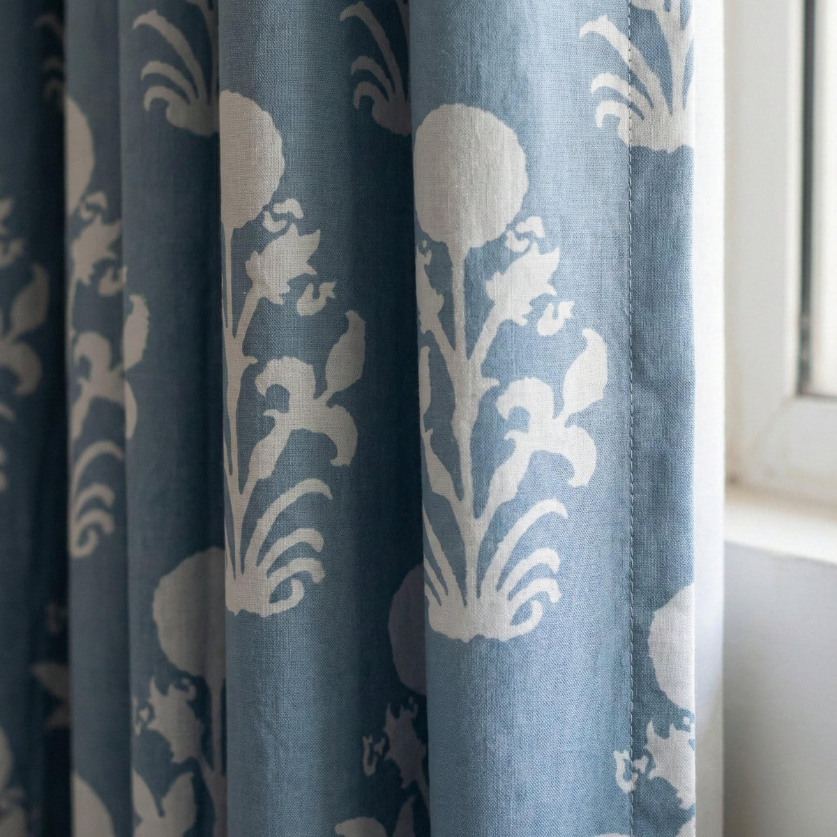 Dusty Blue Floral Curtains, Organic Cotton Block Print Drapes, Custom Size — image 4