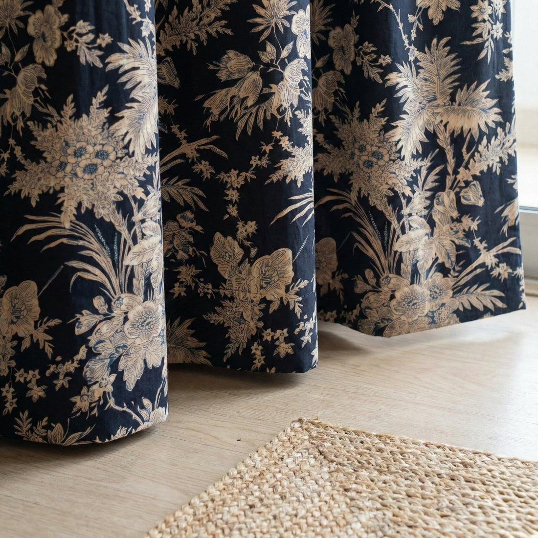 Black Floral Curtains, Organic Cotton Block Print Drapes, Custom Size — image 1