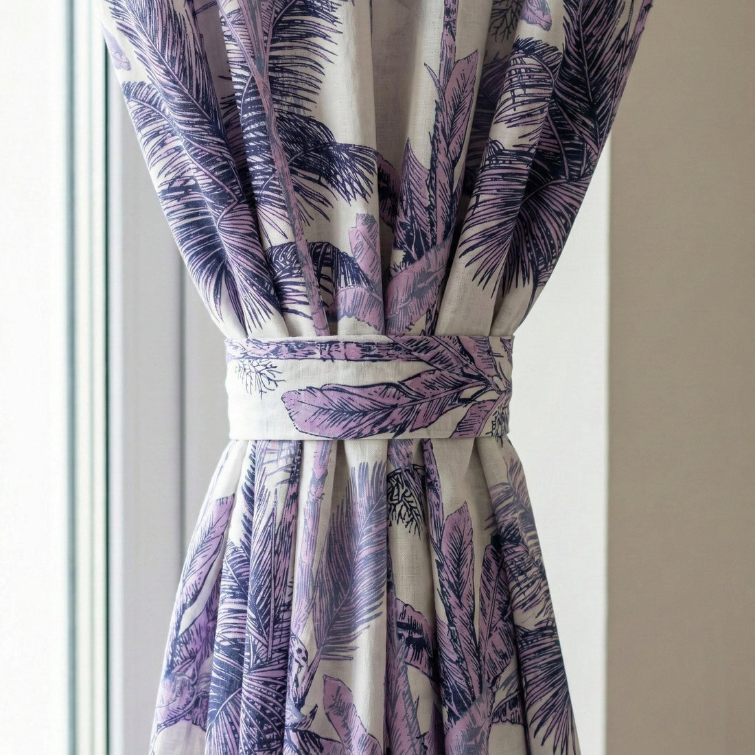Ivory Palm Print Curtain, Purple Botanical Organic Cotton Drape, Custom Size — image 1