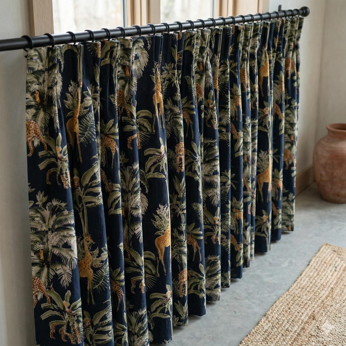 Black Jungle Safari Curtains, Leopard Giraffe Print, Organic Cotton Drapes — image 8