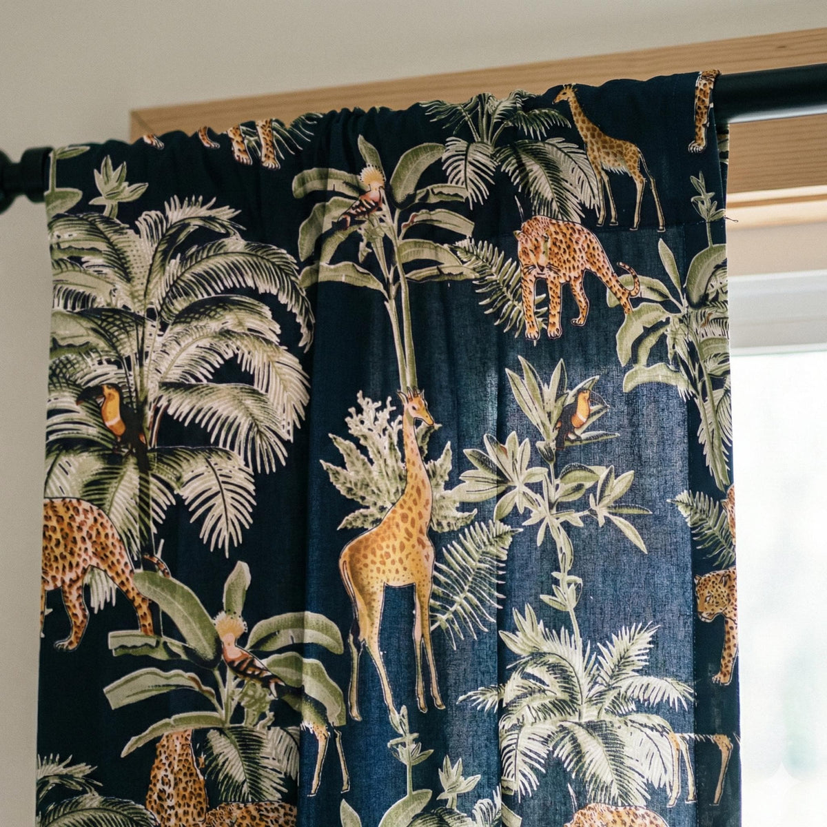 Black Jungle Safari Curtains, Leopard Giraffe Print, Organic Cotton Drapes — image 7